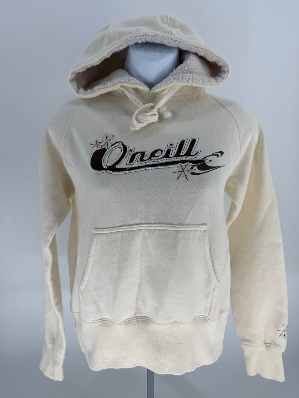 Y2K O’Neill Hoodie Womens Small Sherpa Lined Cream Surf Pullover Sweatshirt
